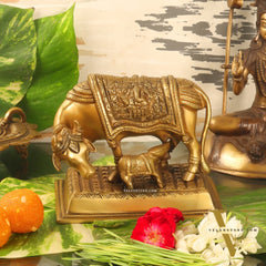 Brass Cow and Calf Kamdhenu Statue with Ganesha and Lakshmi engraved