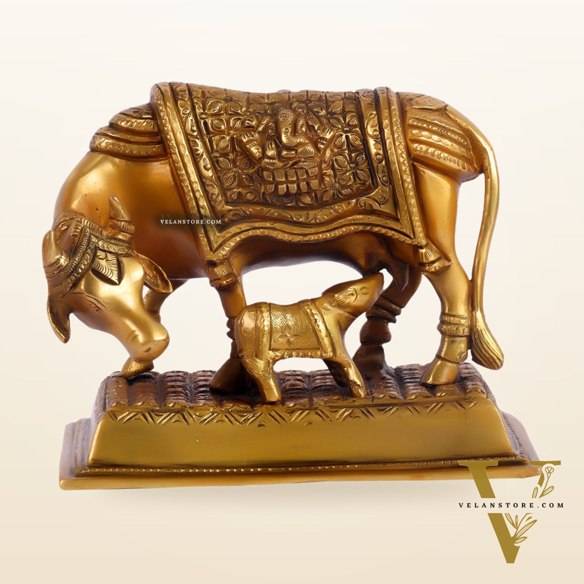 Brass Cow and Calf Kamdhenu Statue with Ganesha and Lakshmi engraved