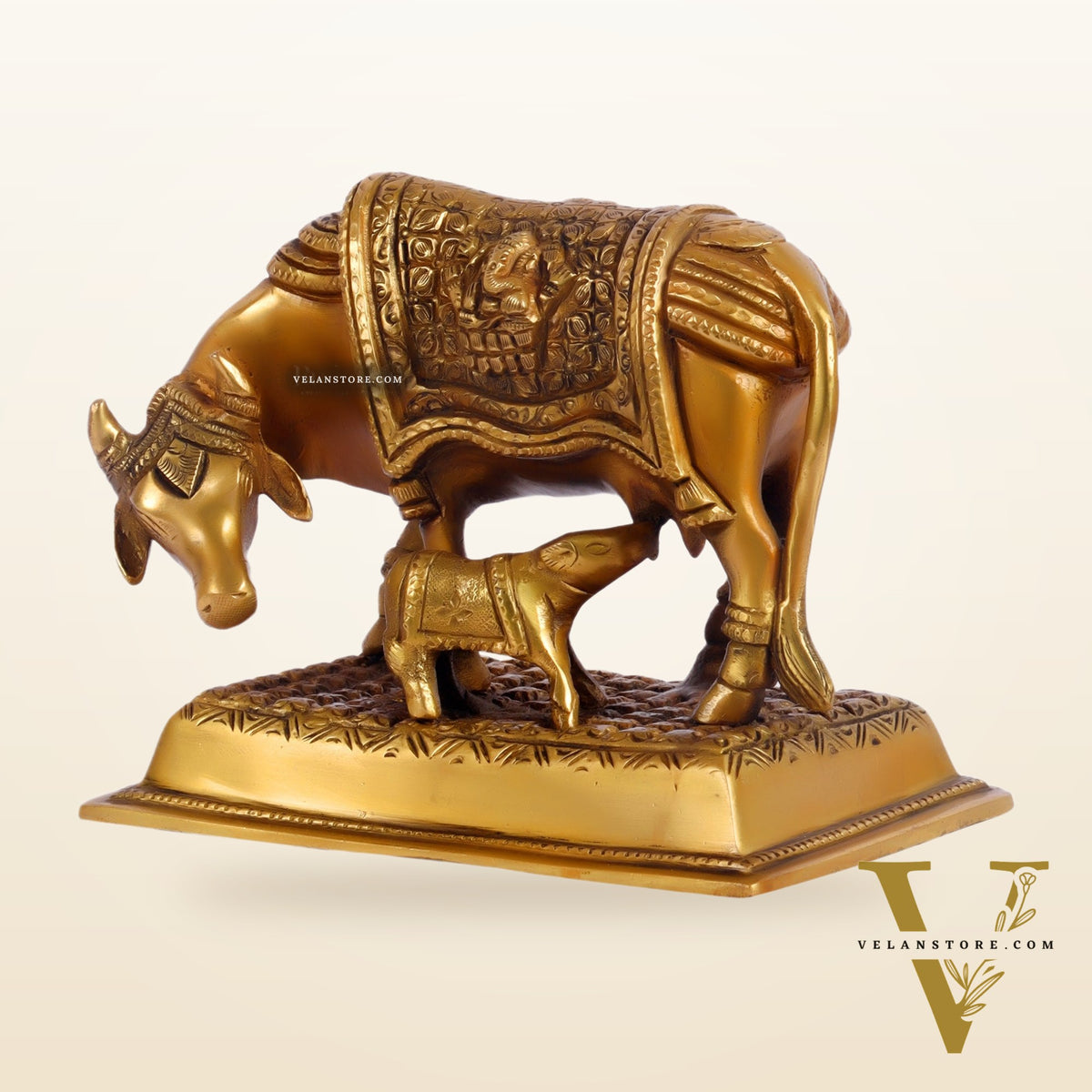 Brass Cow and Calf Kamdhenu Statue with Ganesha and Lakshmi engraved