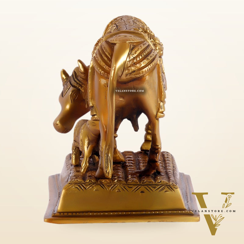 Brass Cow and Calf Kamdhenu Statue with Ganesha and Lakshmi engraved