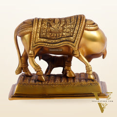 Brass Cow and Calf Kamdhenu Statue with Ganesha and Lakshmi engraved