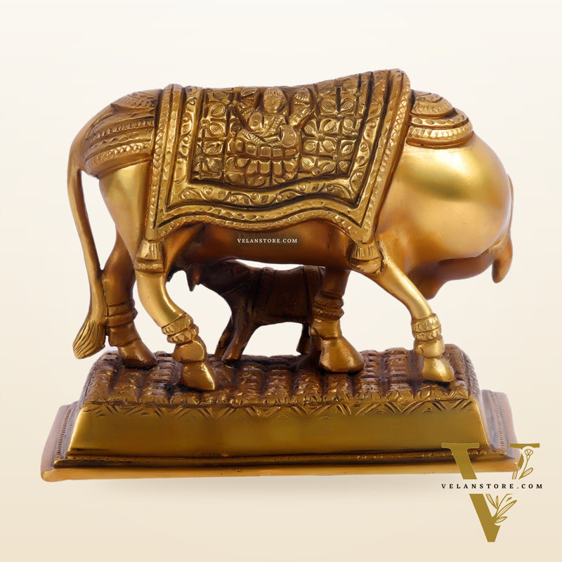 Brass Cow and Calf Kamdhenu Statue with Ganesha and Lakshmi engraved