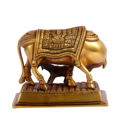 Brass Cow and Calf Kamdhenu Statue with Ganesha and Lakshmi engraved