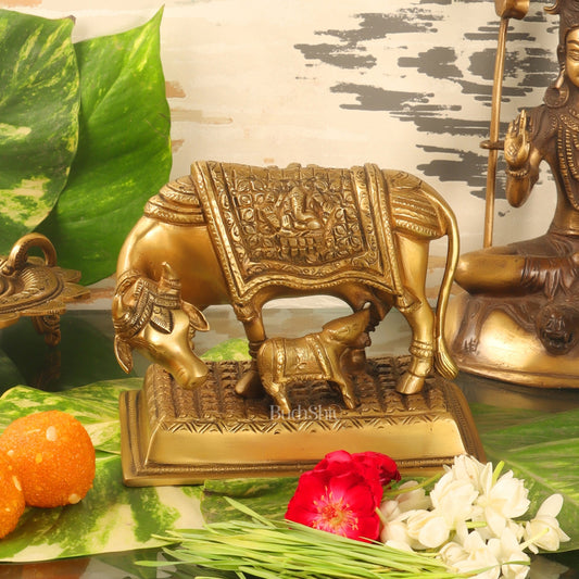 Brass Cow and Calf Kamdhenu Statue with Ganesha and Lakshmi engraved