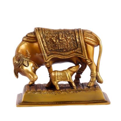 Brass Cow and Calf Kamdhenu Statue with Ganesha and Lakshmi engraved