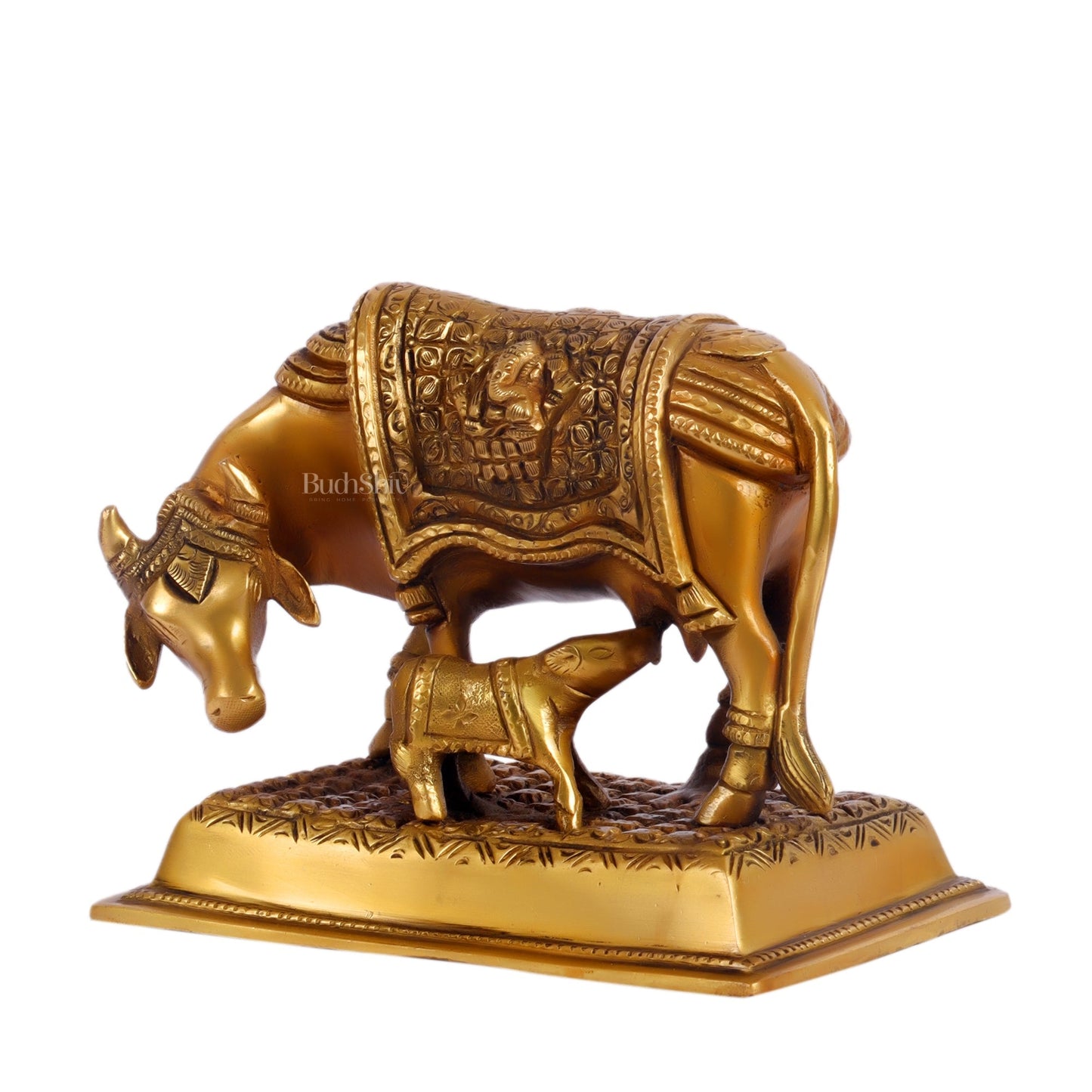 Brass Cow and Calf Kamdhenu Statue with Ganesha and Lakshmi engraved