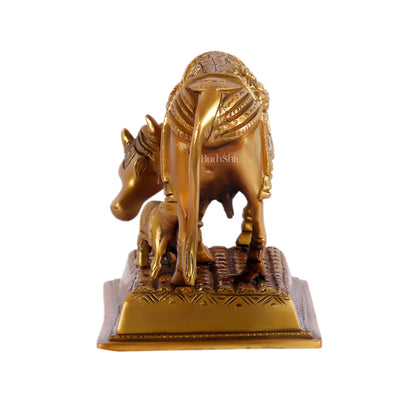 Brass Cow and Calf Kamdhenu Statue with Ganesha and Lakshmi engraved