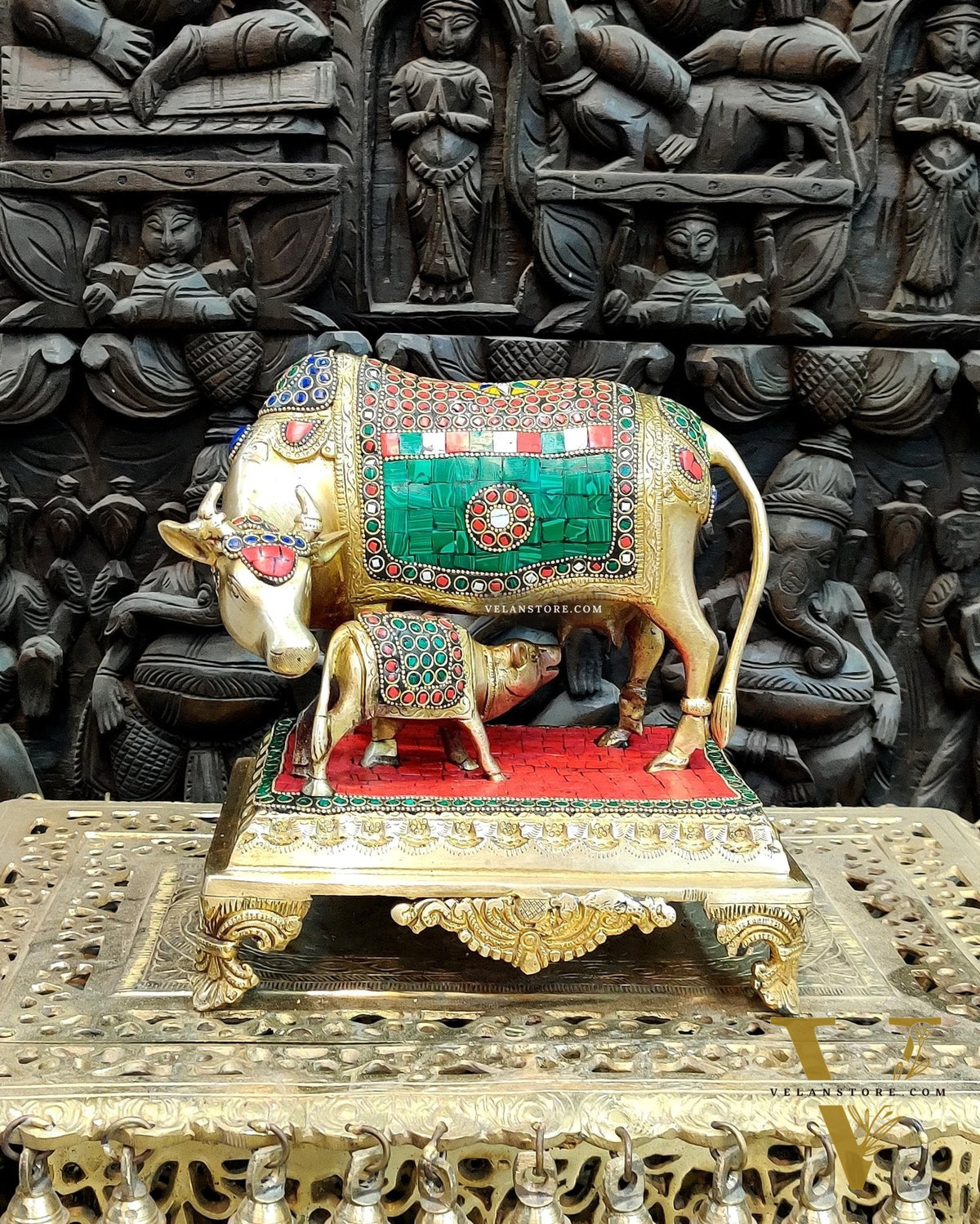 Brass Cow and Calf Statue with Stonework | 10 inch