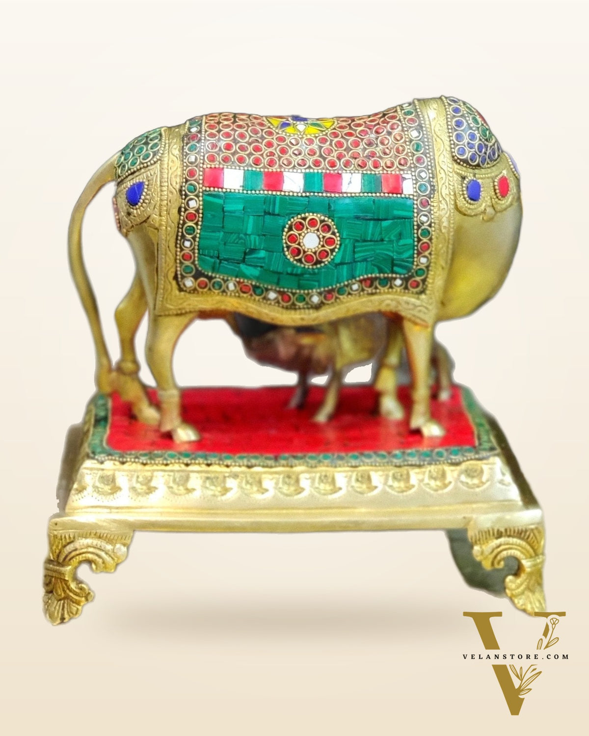 Brass Cow and Calf Statue with Stonework | 10 inch