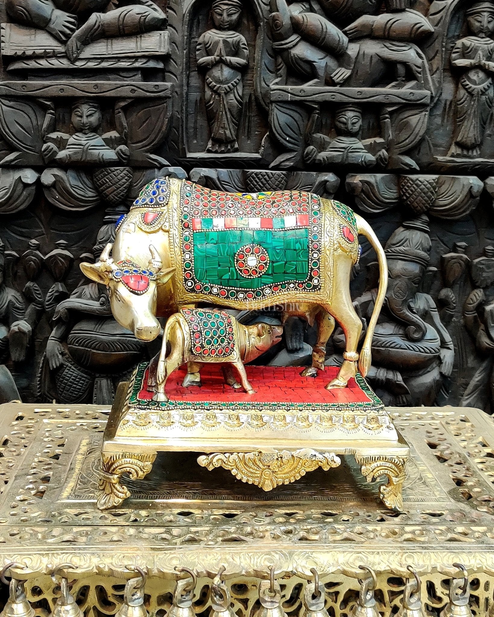 Brass Cow and Calf Statue with Stonework | 10 inch