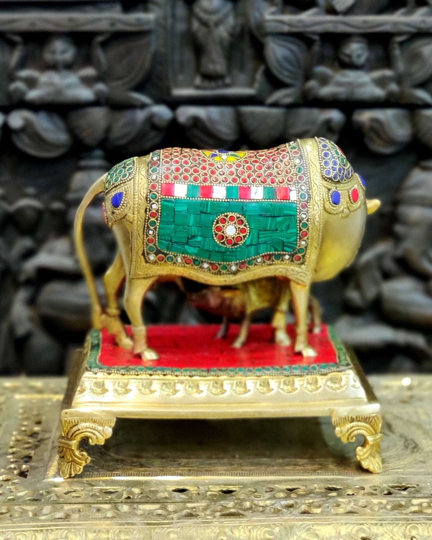 Brass Cow and Calf Statue with Stonework | 10 inch