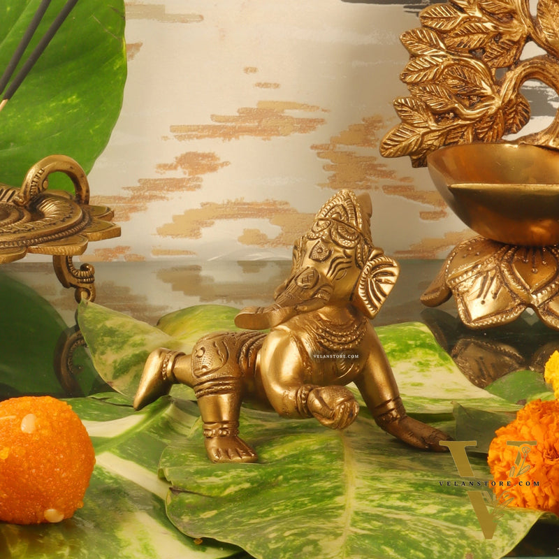 Brass Crawling Baby Ganesha Idol