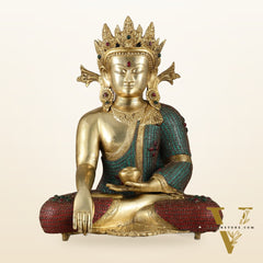 Brass Crown Buddha Statue with Copper Wire Work - 22 Inch