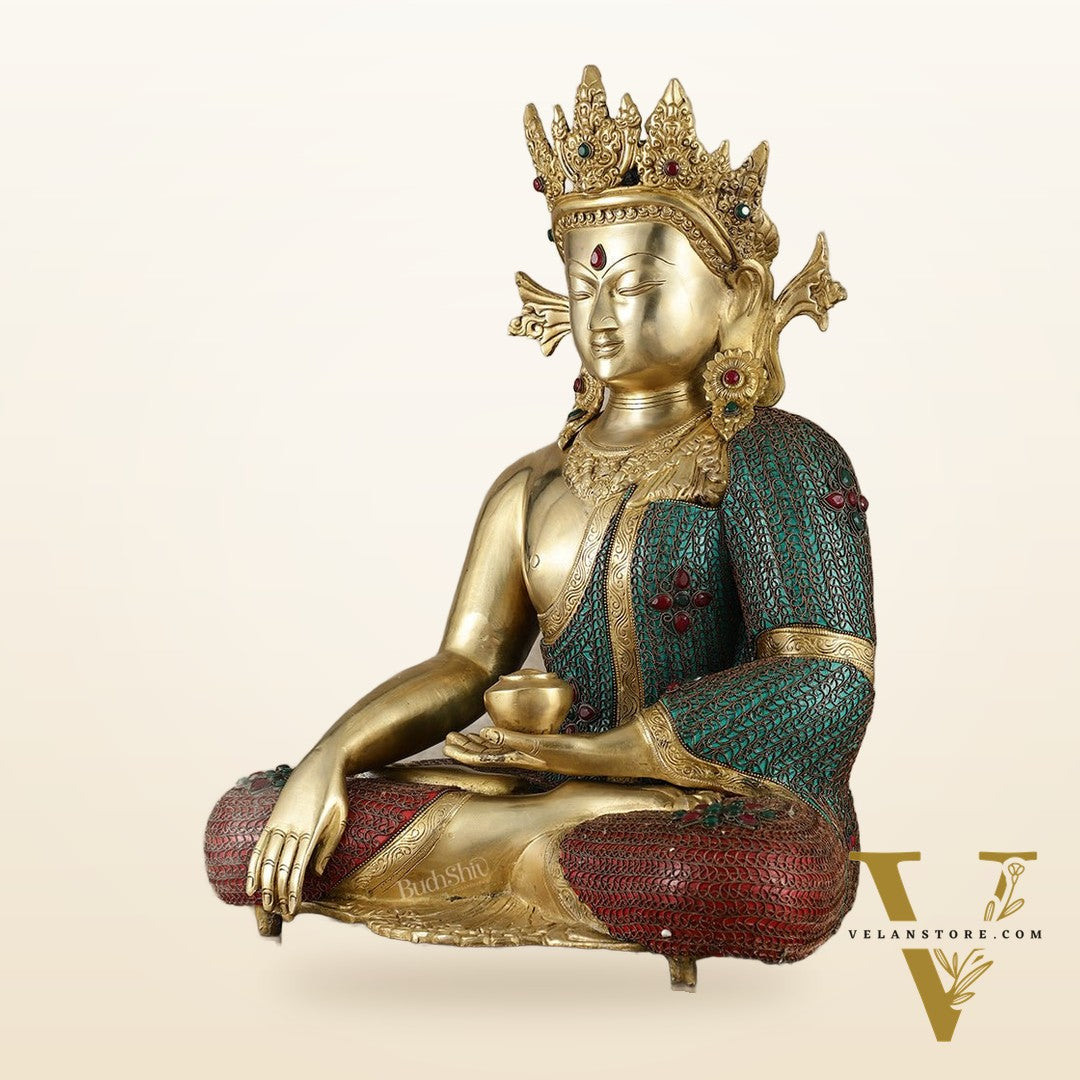 Brass Crown Buddha Statue with Copper Wire Work - 22 Inch