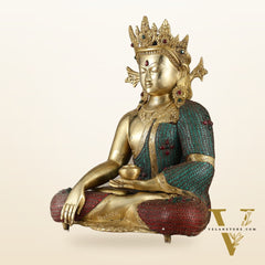 Brass Crown Buddha Statue with Copper Wire Work - 22 Inch