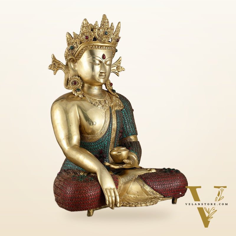 Brass Crown Buddha Statue with Copper Wire Work - 22 Inch