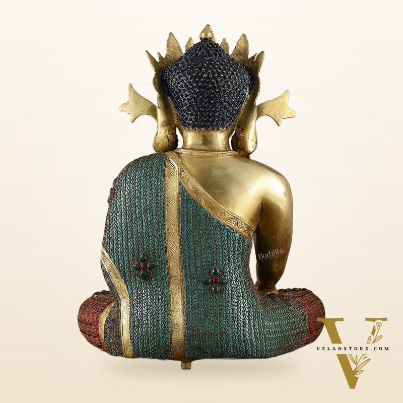 Brass Crown Buddha Statue with Copper Wire Work - 22 Inch