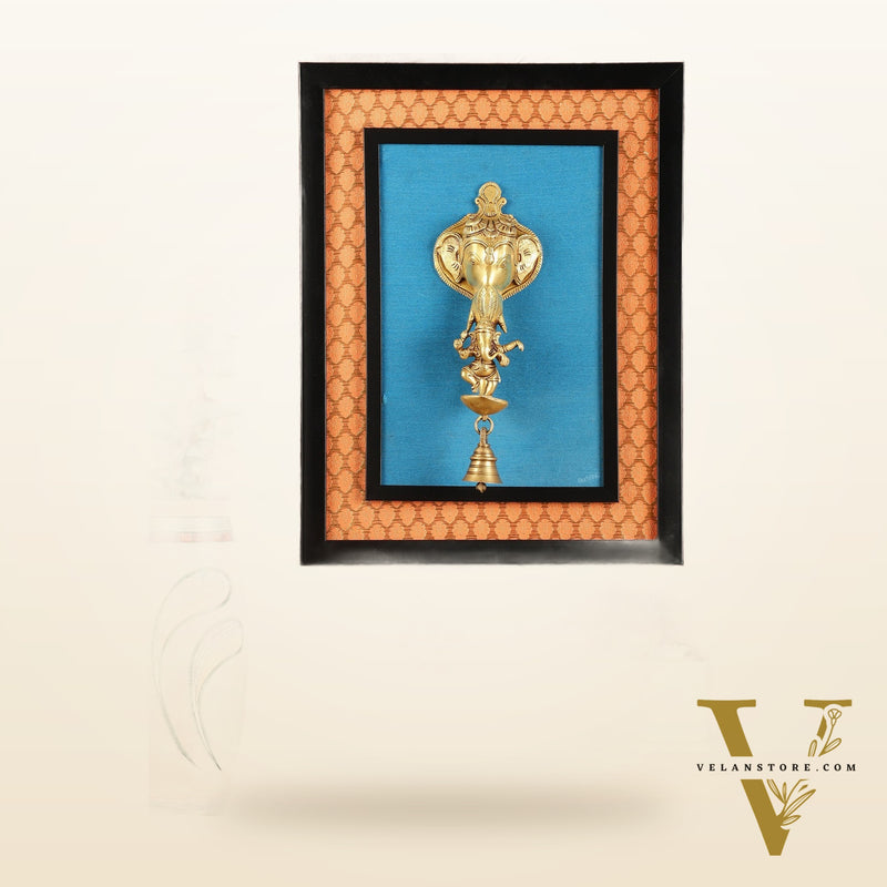 Brass Dancing Ganesha Diya on Wooden Frame with Premium Fabric | 18.5 Inch Wall Hanging