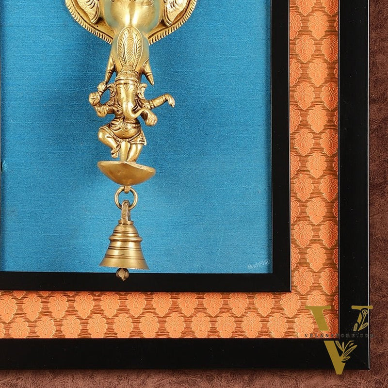 Brass Dancing Ganesha Diya on Wooden Frame with Premium Fabric | 18.5 Inch Wall Hanging