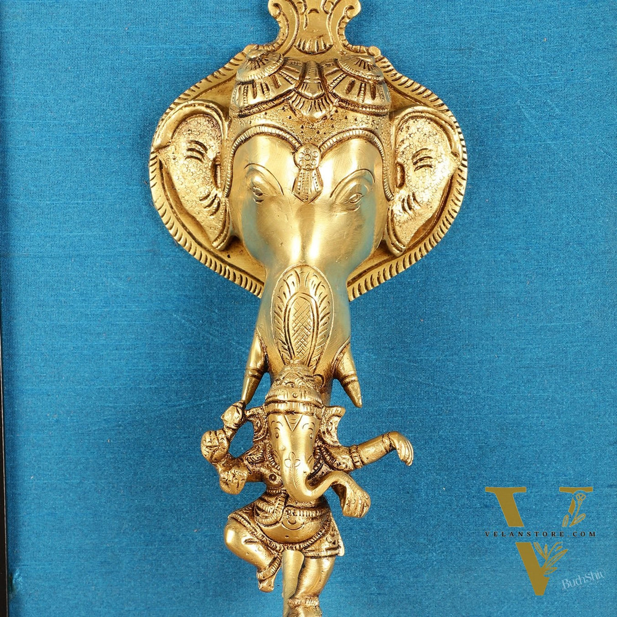 Brass Dancing Ganesha Diya on Wooden Frame with Premium Fabric | 18.5 Inch Wall Hanging