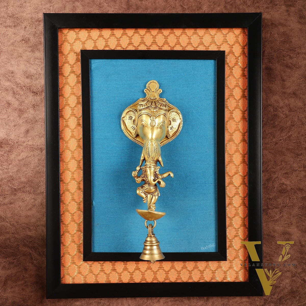 Brass Dancing Ganesha Diya on Wooden Frame with Premium Fabric | 18.5 Inch Wall Hanging