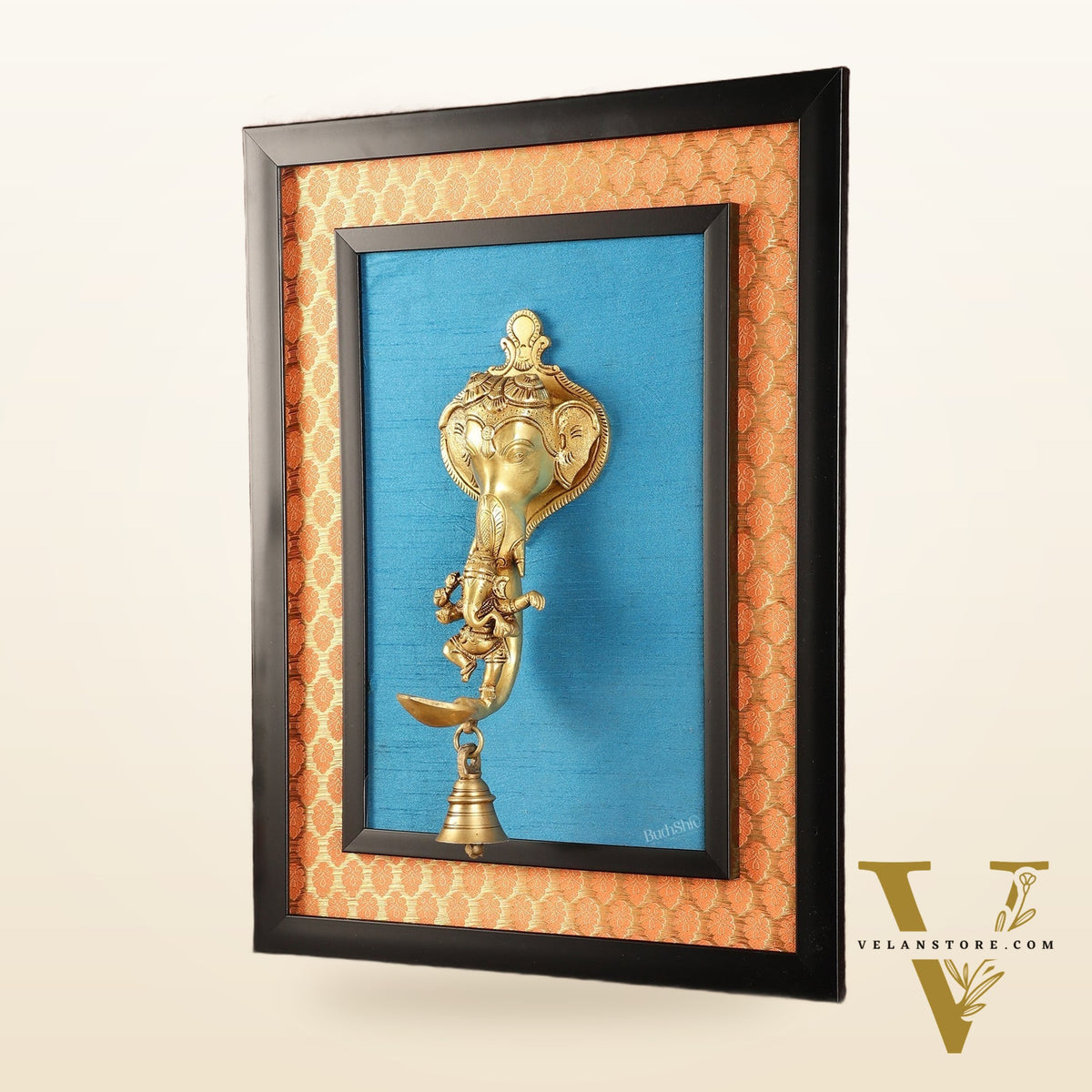 Brass Dancing Ganesha Diya on Wooden Frame with Premium Fabric | 18.5 Inch Wall Hanging