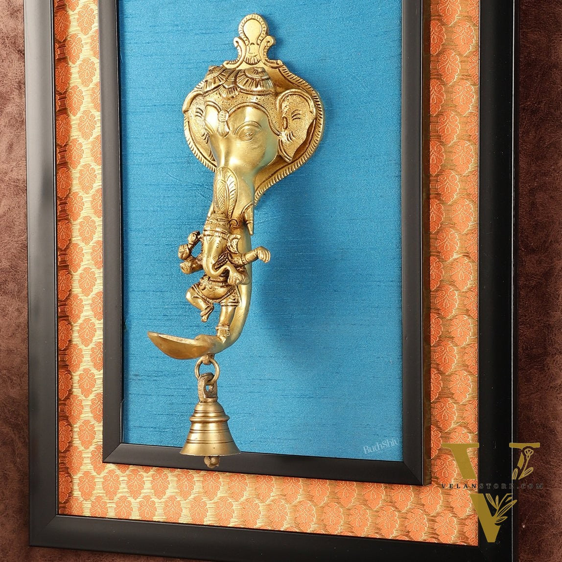 Brass Dancing Ganesha Diya on Wooden Frame with Premium Fabric | 18.5 Inch Wall Hanging
