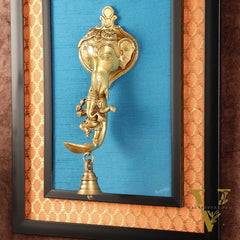 Brass Dancing Ganesha Diya on Wooden Frame with Premium Fabric | 18.5 Inch Wall Hanging