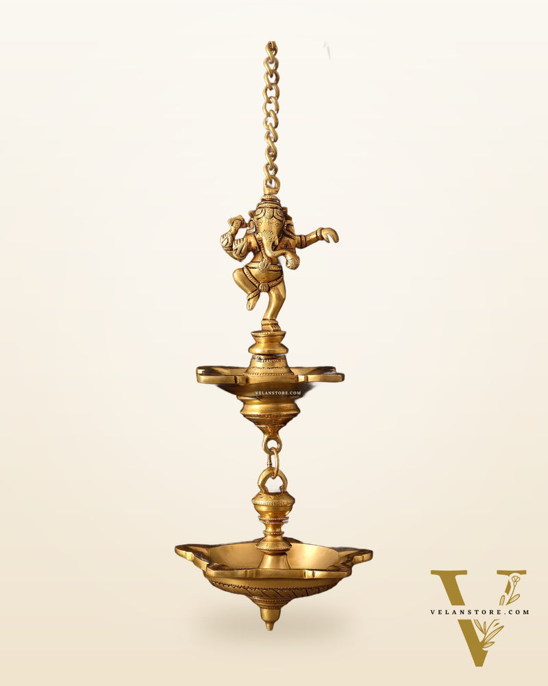 Brass Dancing Ganesha Hanging Lamp – Dual Design Elegance 28"