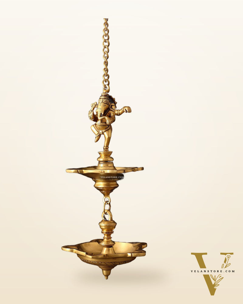 Brass Dancing Ganesha Hanging Lamp – Dual Design Elegance 28"