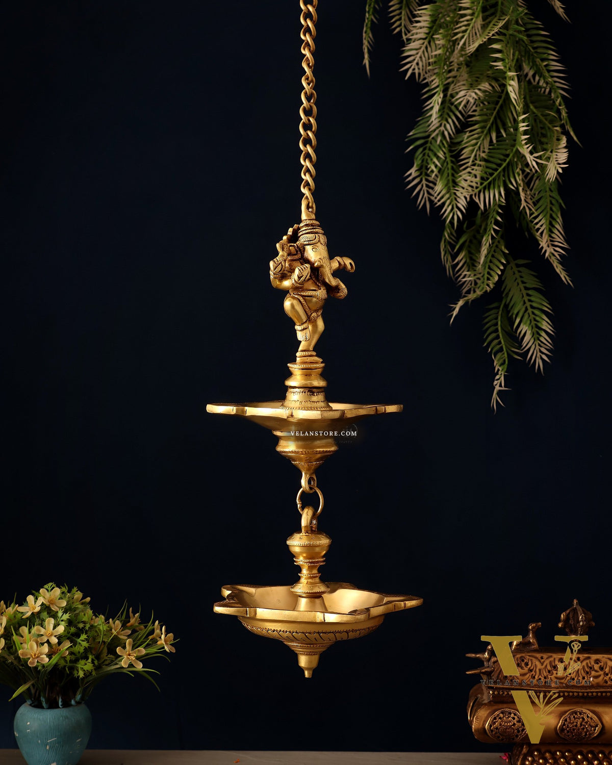 Brass Dancing Ganesha Hanging Lamp – Dual Design Elegance 28"