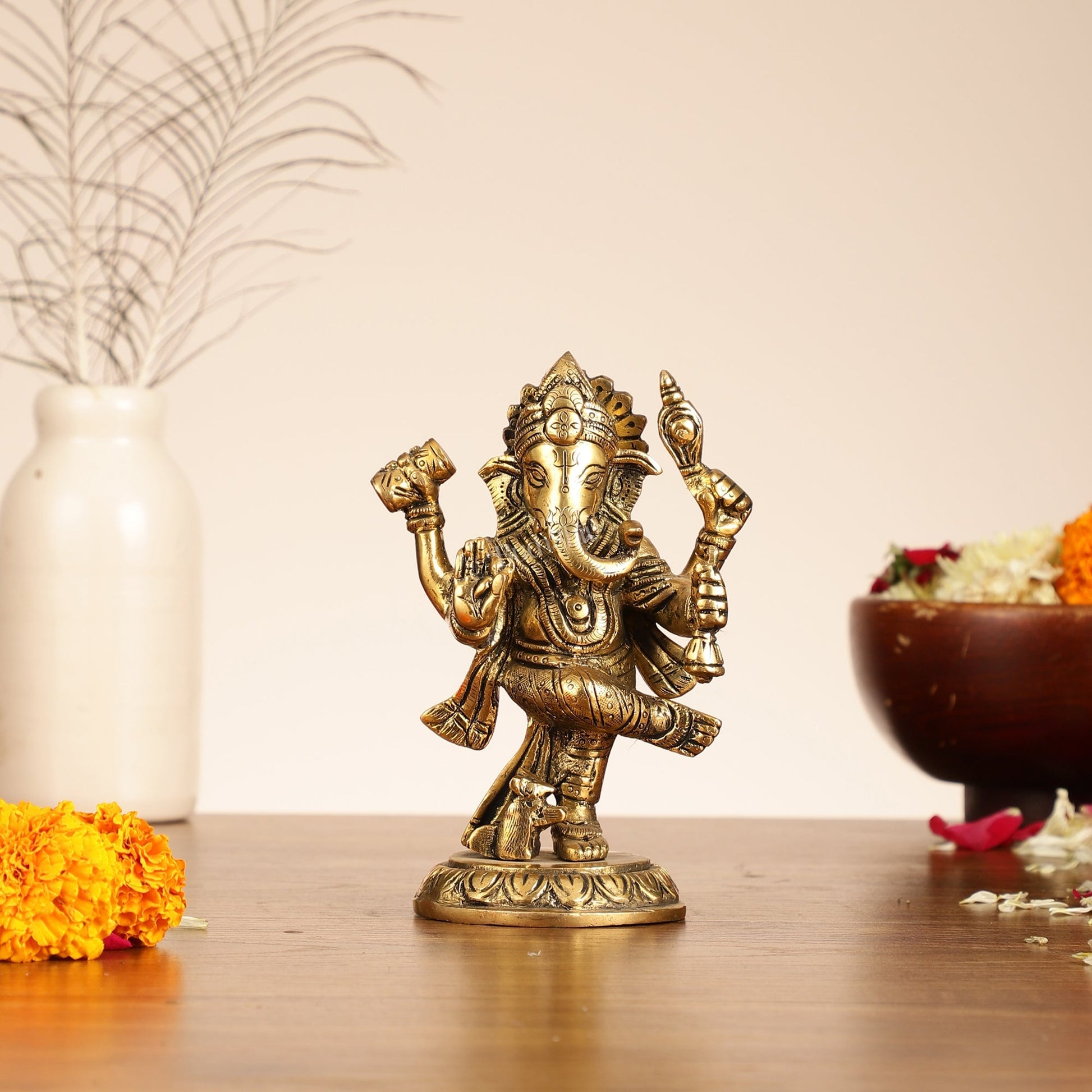 Brass Dancing Ganesha Idol | 6" Height | Artistic Elegance