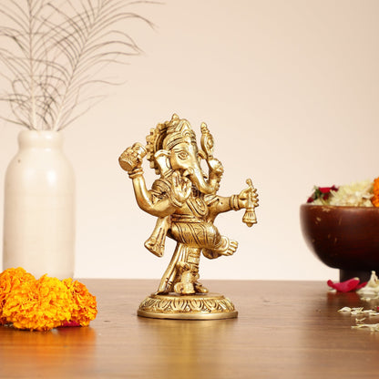 Brass Dancing Ganesha Idol | 6" Height | Artistic Elegance