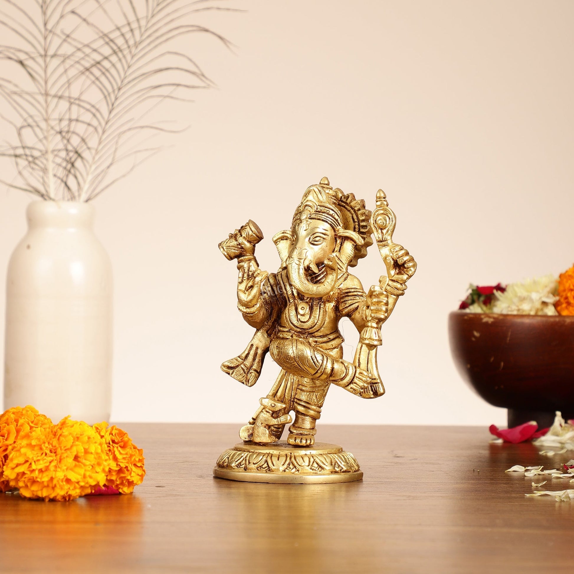 Brass Dancing Ganesha Idol | 6" Height | Artistic Elegance