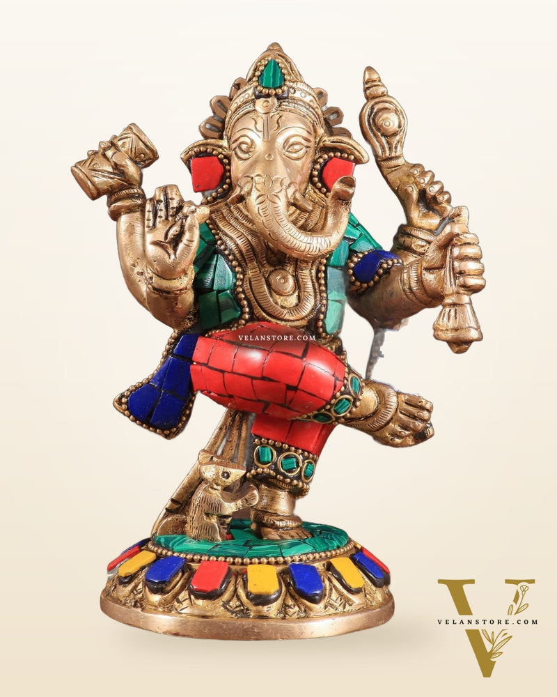 Brass Dancing Ganesha Idol | 6" Height | Meenakari