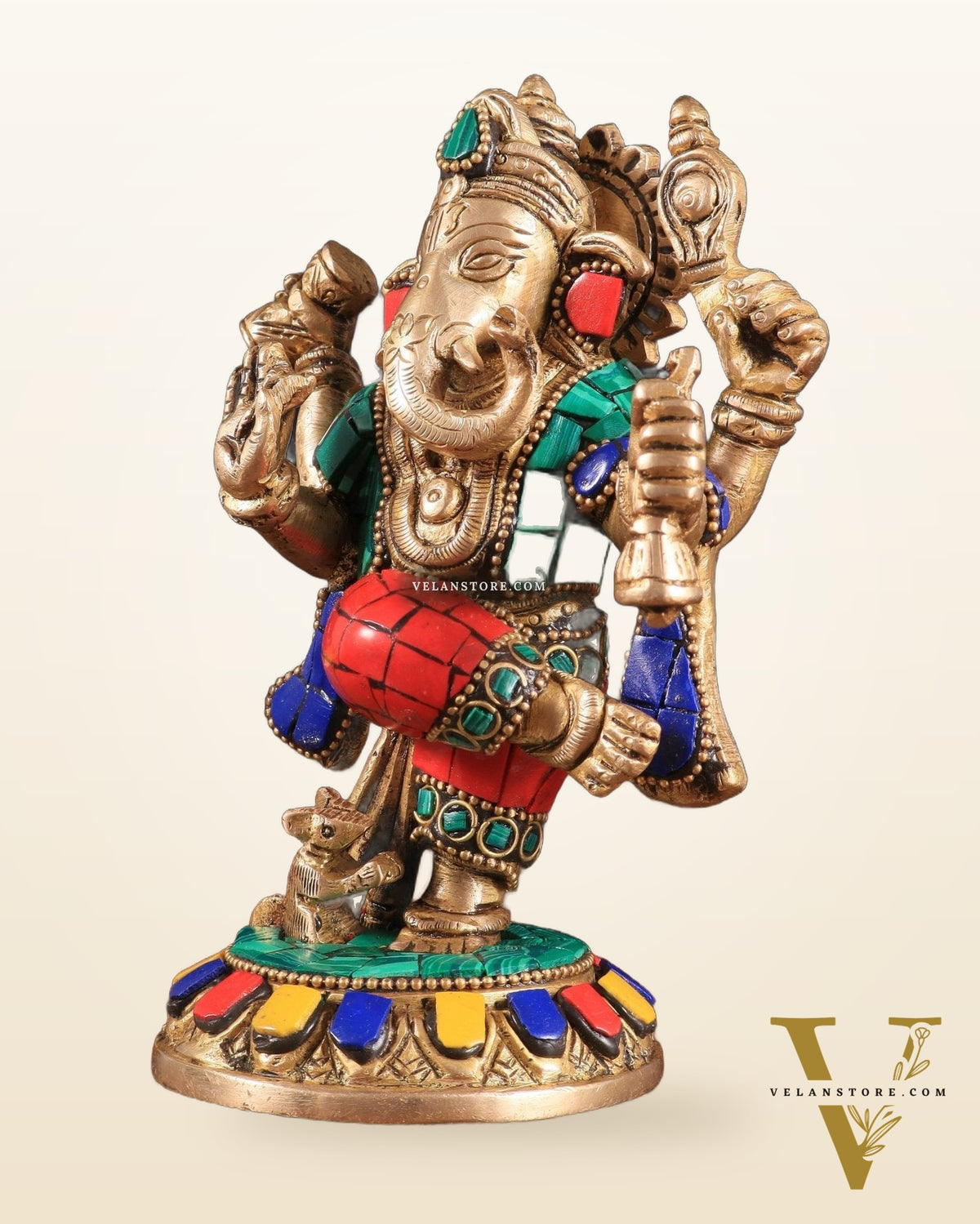 Brass Dancing Ganesha Idol | 6" Height | Meenakari