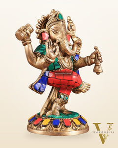 Brass Dancing Ganesha Idol | 6" Height | Meenakari