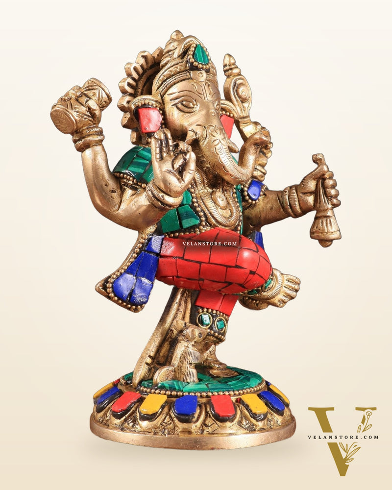Brass Dancing Ganesha Idol | 6" Height | Meenakari