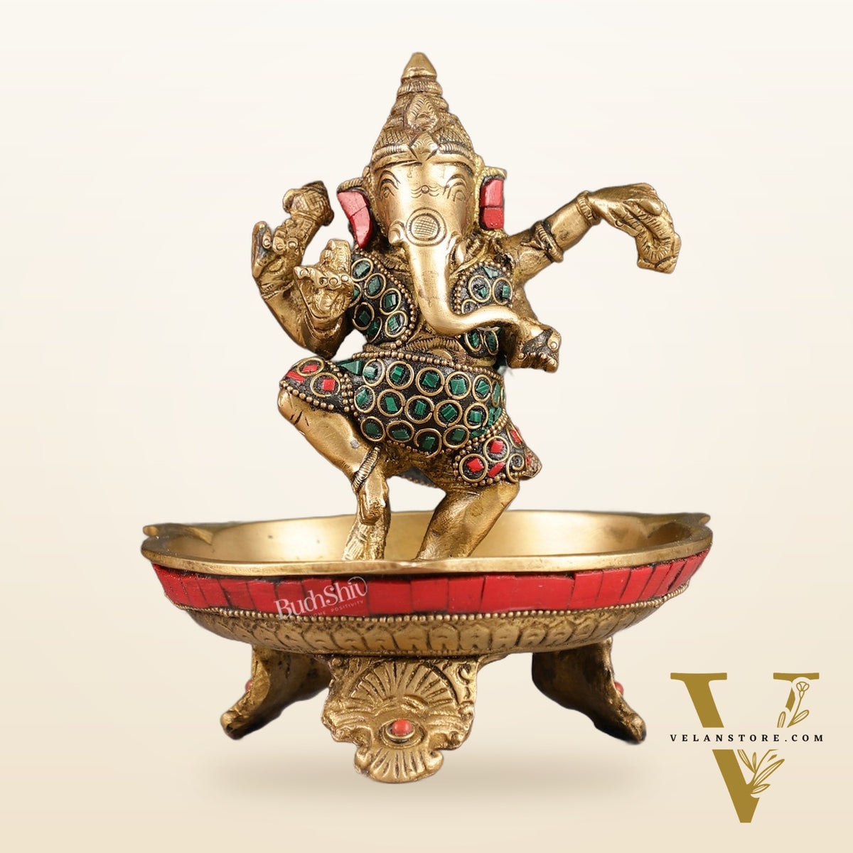Brass Dancing Ganesha Lamp with Stonework - 7 Inch