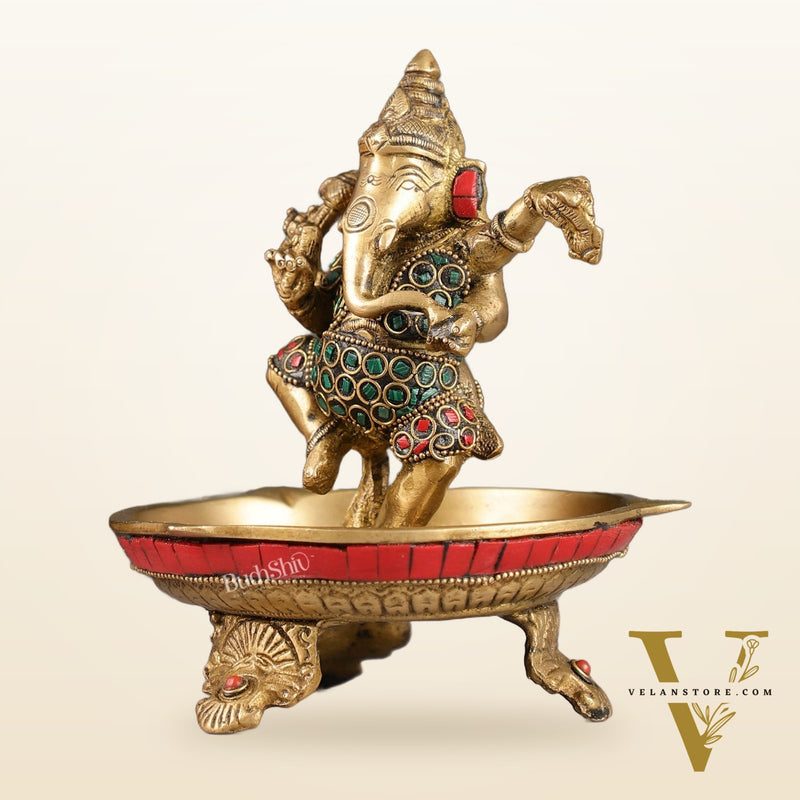 Brass Dancing Ganesha Lamp with Stonework - 7 Inch