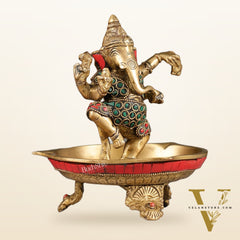 Brass Dancing Ganesha Lamp with Stonework - 7 Inch