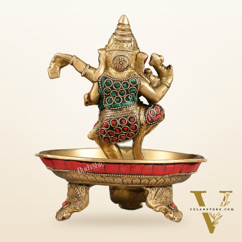 Brass Dancing Ganesha Lamp with Stonework - 7 Inch