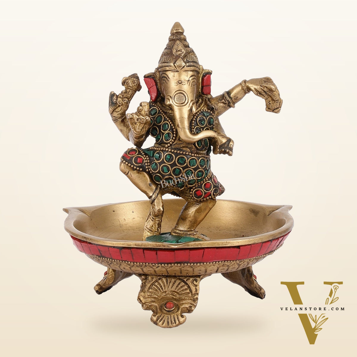 Brass Dancing Ganesha Lamp with Stonework - 7 Inch