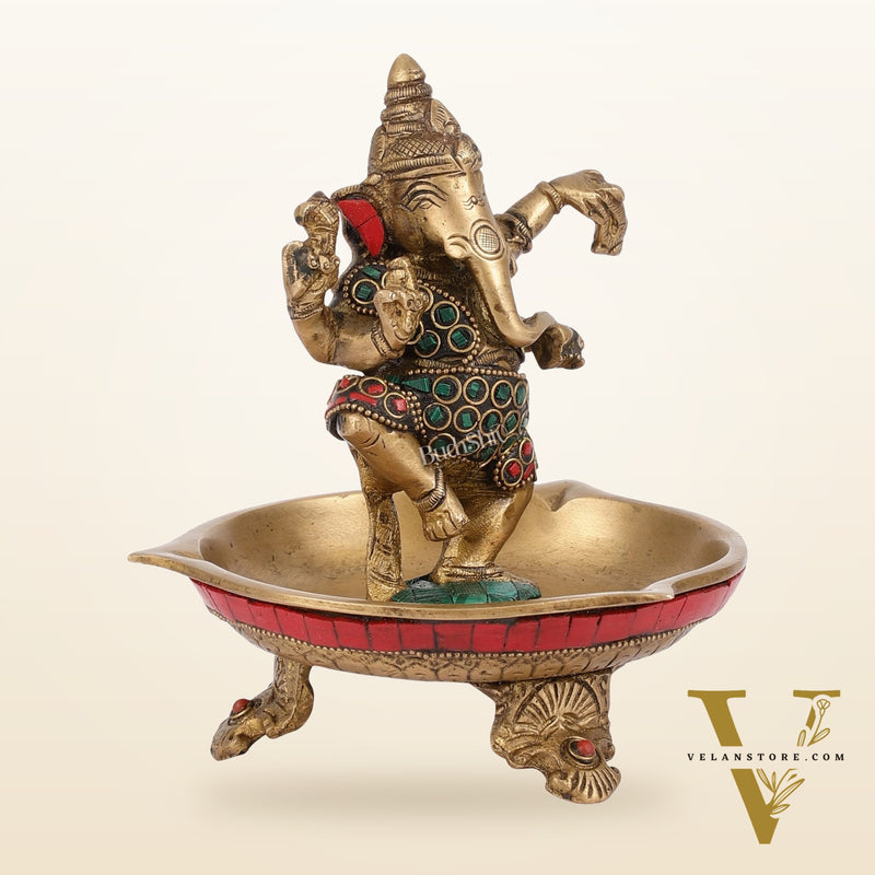 Brass Dancing Ganesha Lamp with Stonework - 7 Inch