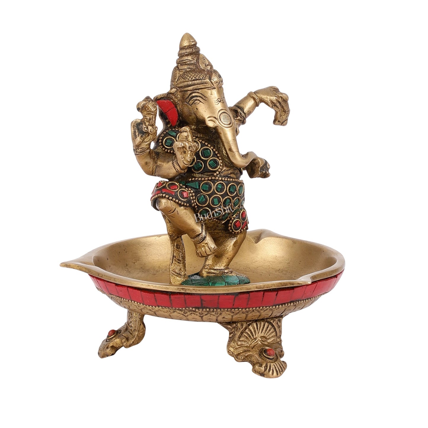 Brass Dancing Ganesha Lamp with Stonework - 7 Inch