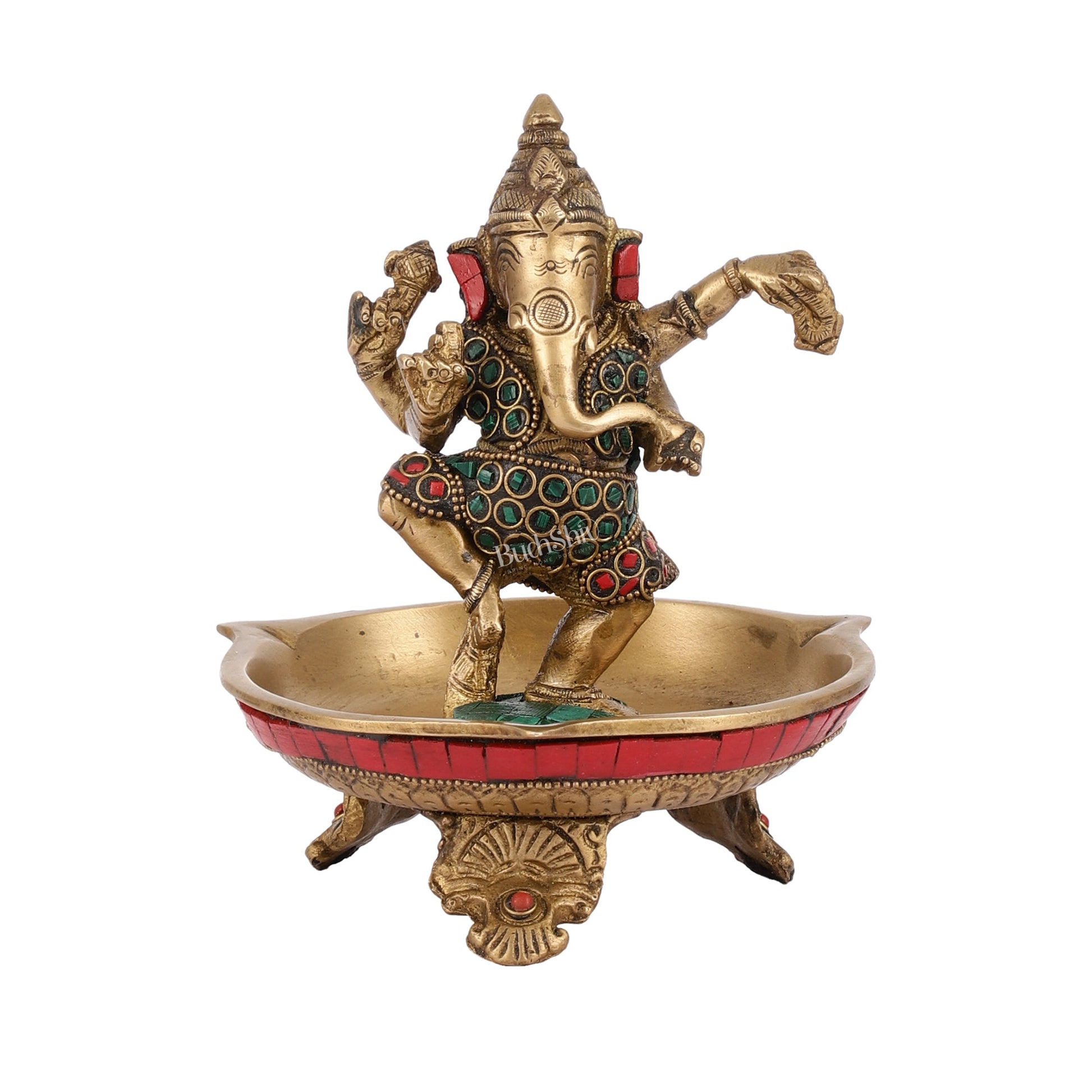 Brass Dancing Ganesha Lamp with Stonework - 7 Inch