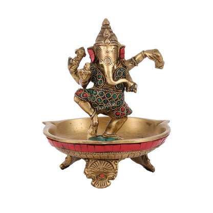 Brass Dancing Ganesha Lamp with Stonework - 7 Inch