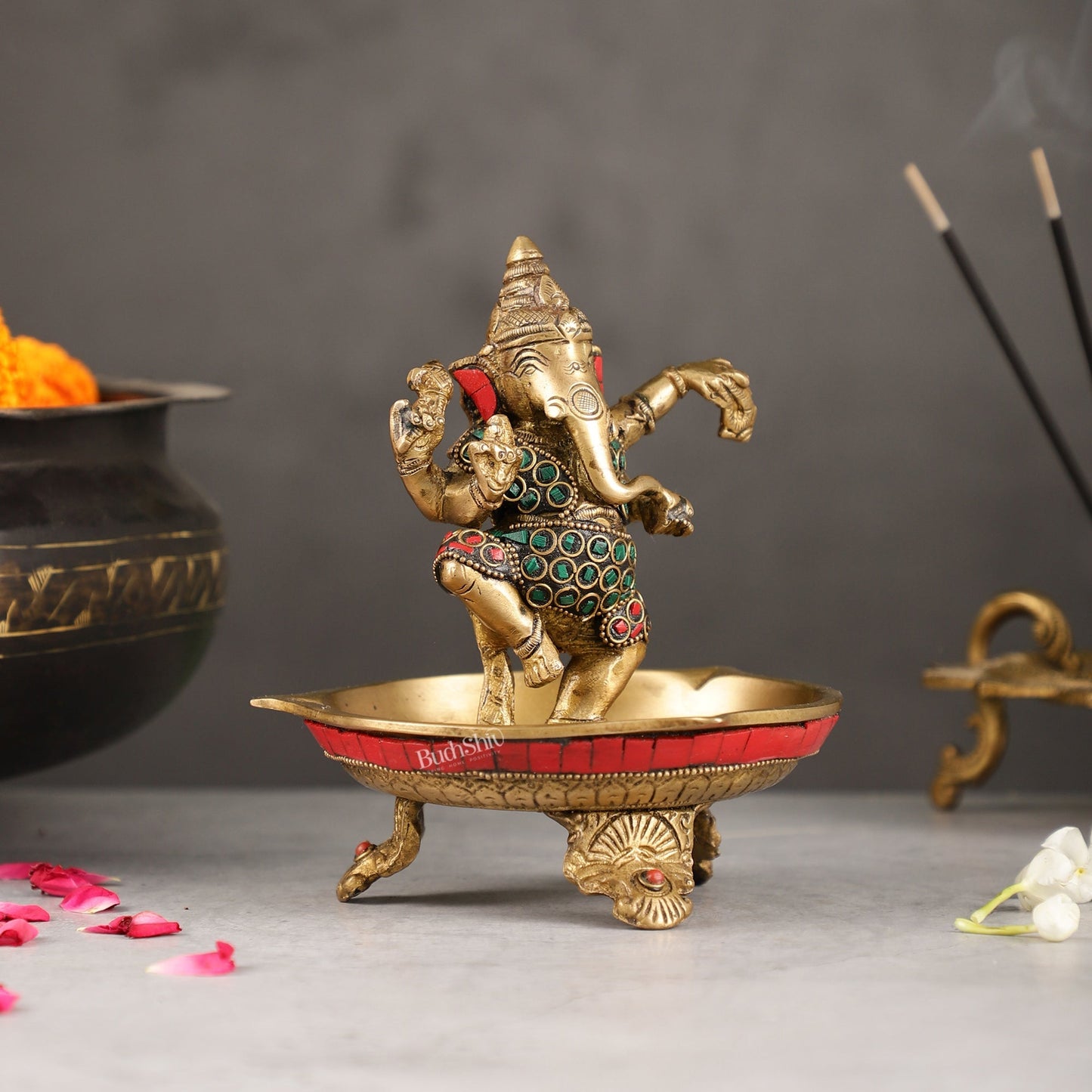 Brass Dancing Ganesha Lamp with Stonework - 7 Inch