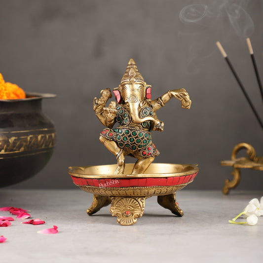 Brass Dancing Ganesha Lamp with Stonework - 7 Inch