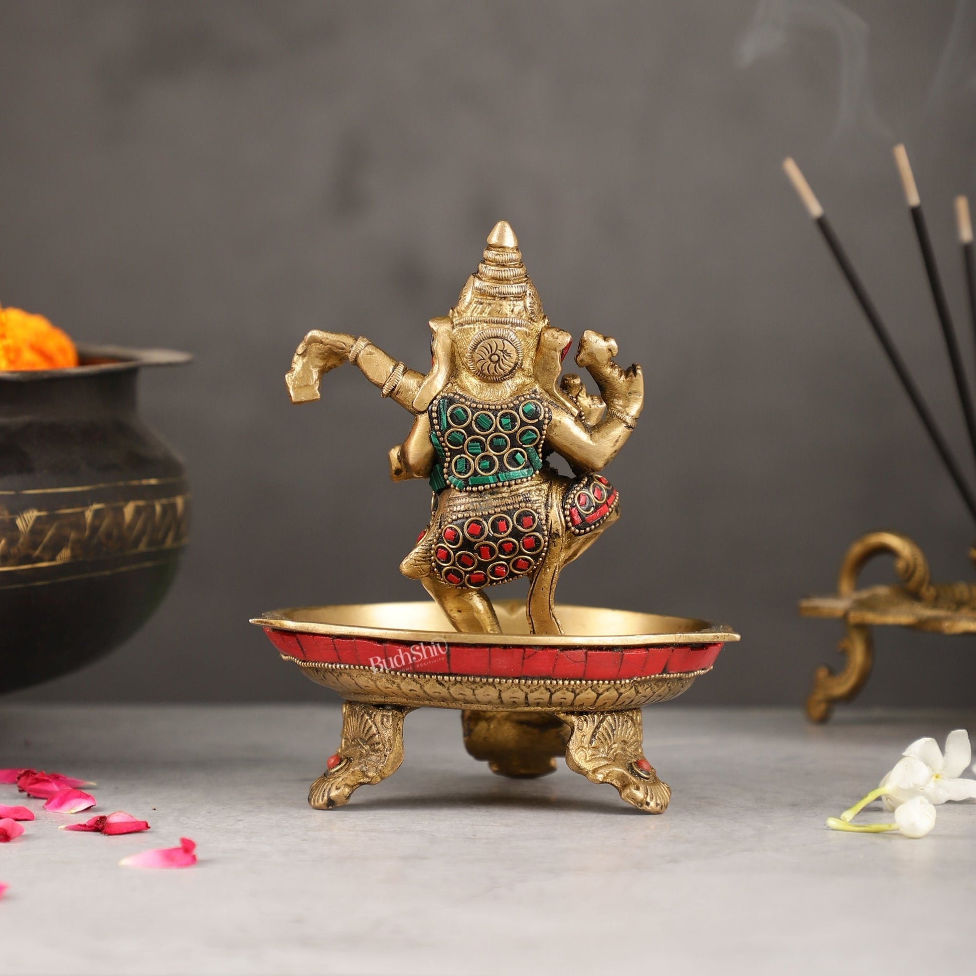 Brass Dancing Ganesha Lamp with Stonework - 7 Inch